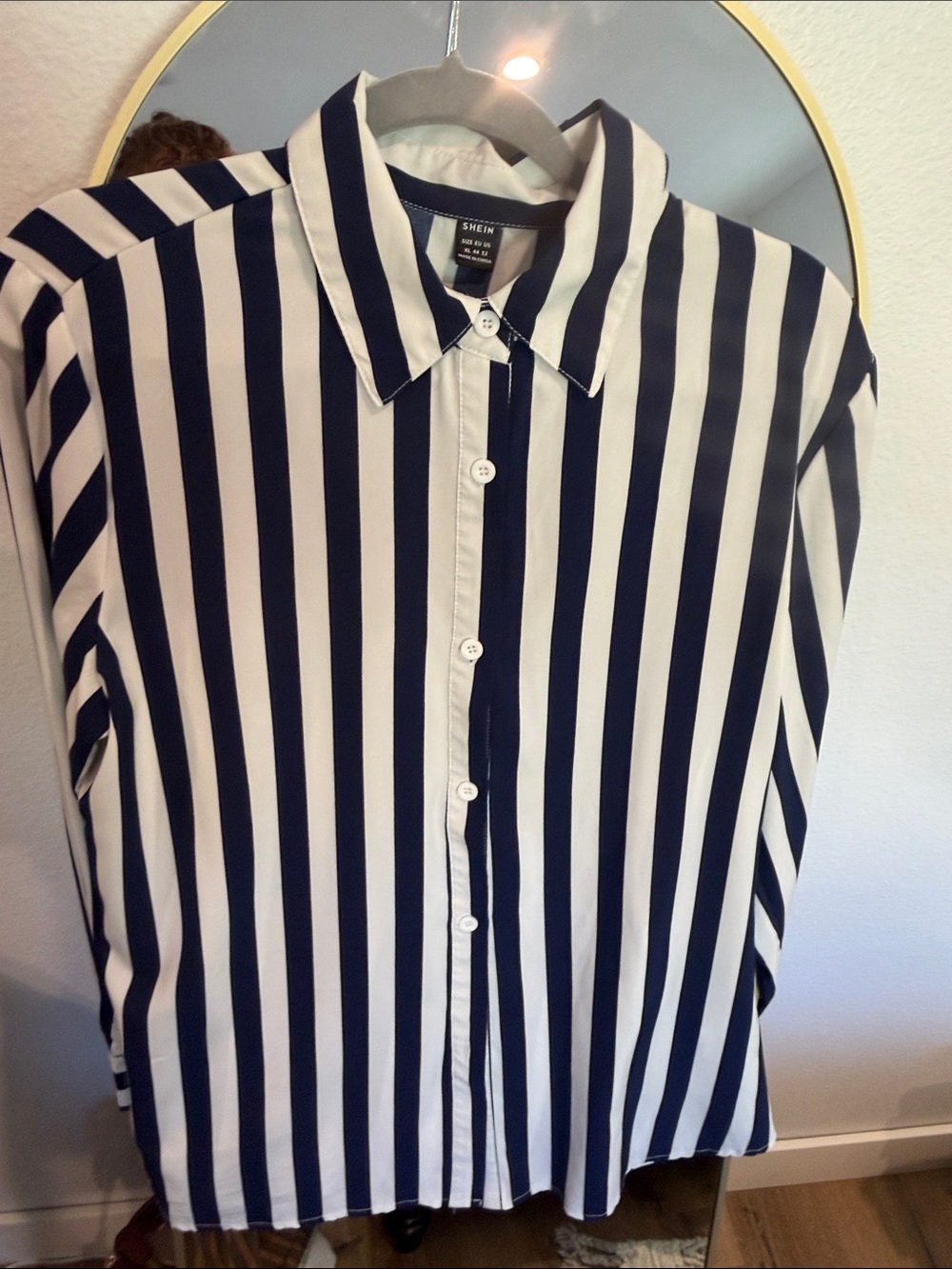 SHEIN Navy and White Vertical Stripe Button-Down Shirt